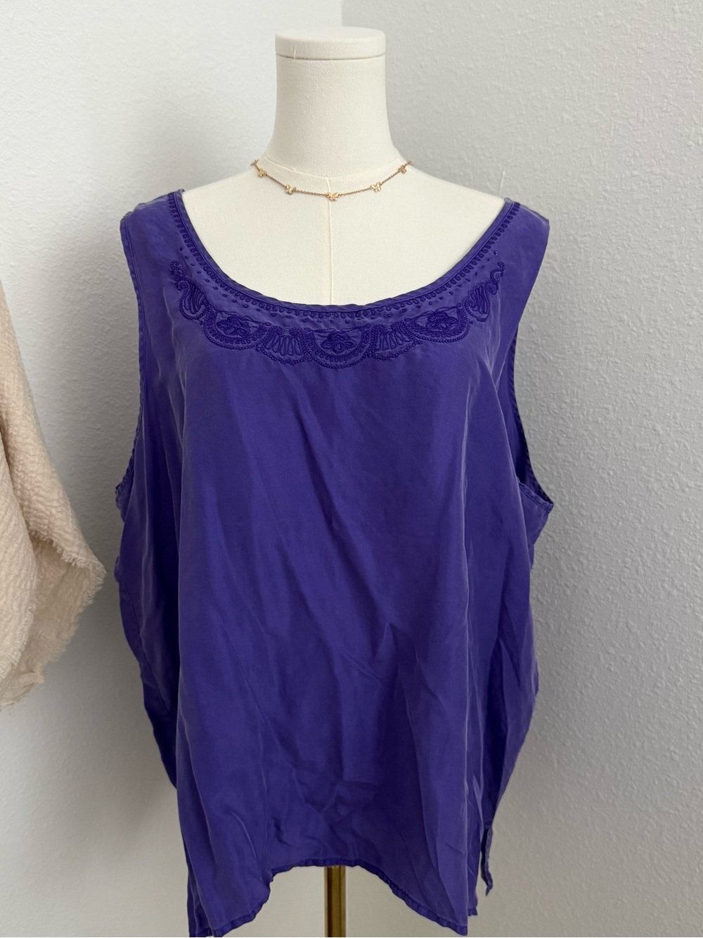 Diana Marco 100% Silk Purple Embroidered Tank Top Size 20 Boho